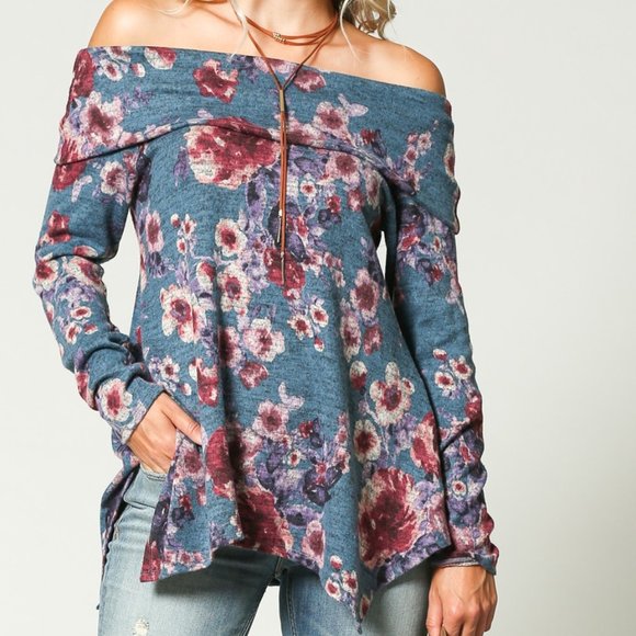 DONATED!! Floral off shoulder tunic in denim blue - Picture 3 of 6